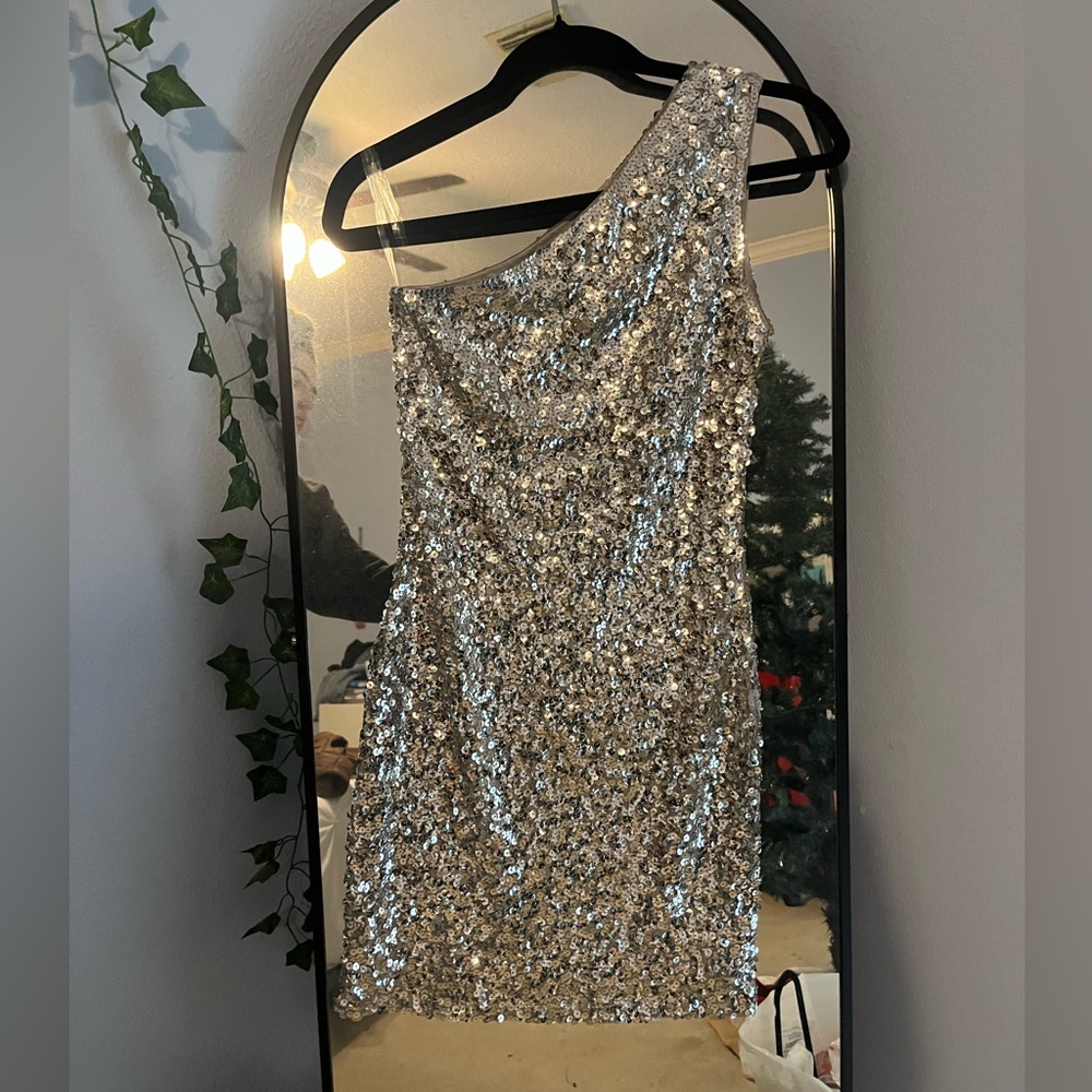 Silver Sparkly One Shoulder Mini Dress